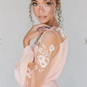 Robed with Love Hildy Robe Pink Floral Embroidered Sheer Illusion Bell Sleeves S